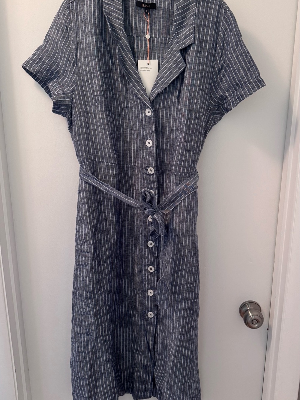 Quince Navy Pinstripe Button-Front Linen Midi Dress